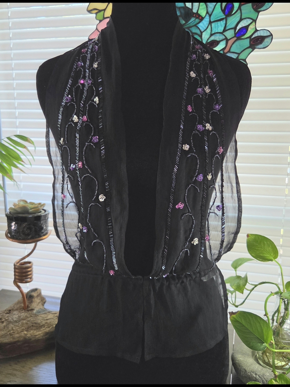 Sexy Sheer Beaded Black Halter Top Floral OS